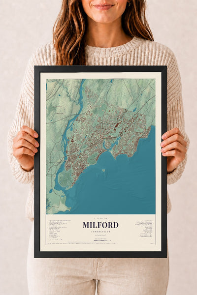 Milford, Connecticut map print, 12" x 18", W/ Black Ayous Wood Frame