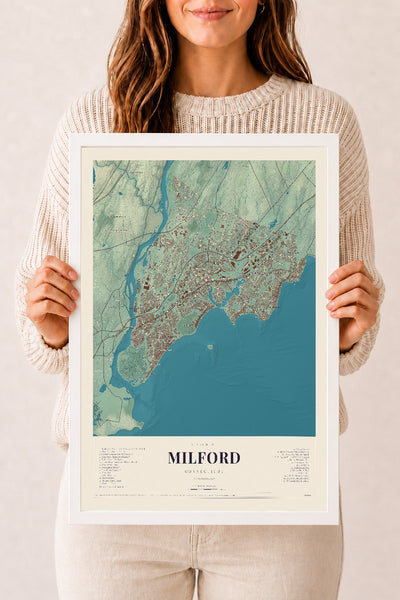 Milford, Connecticut map print, 12" x 18", W/ White Ayous Wood Frame