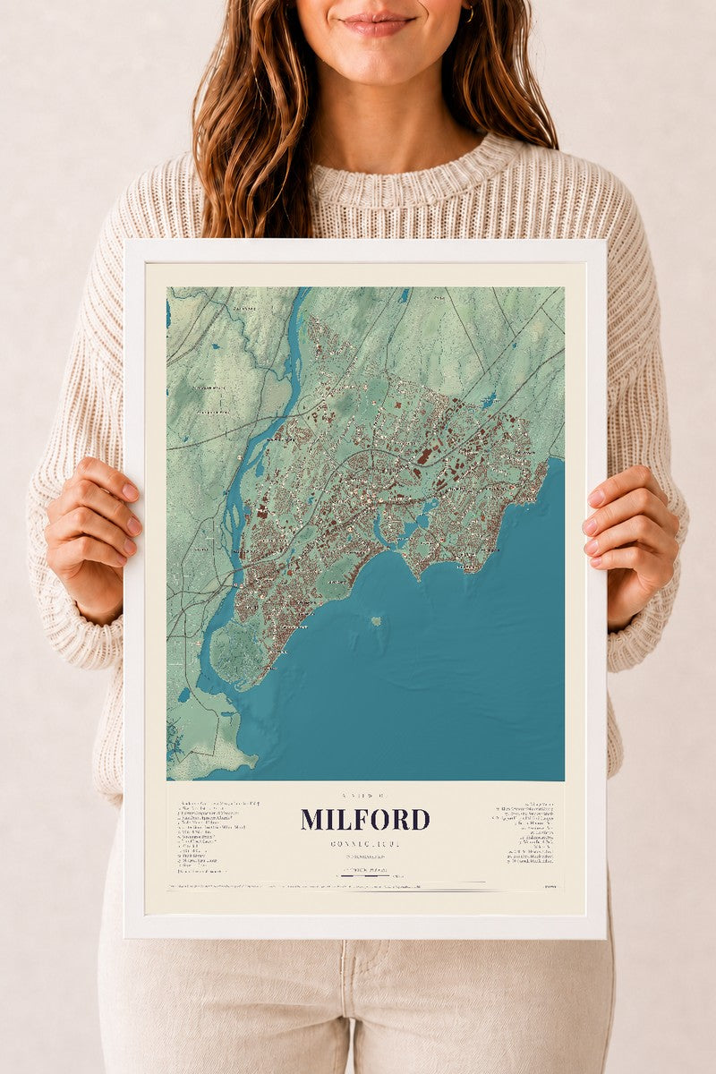 Milford, Connecticut map print, 12" x 18", W/ White Ayous Wood Frame