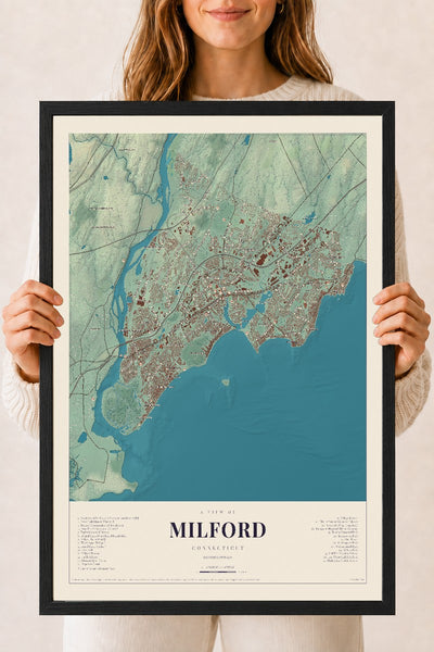 Milford, Connecticut map print, 18" x 24", W/ Black Ayous Wood Frame