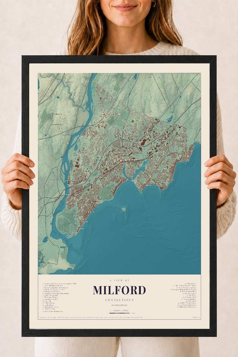 Milford, Connecticut map print, 18" x 24", W/ Black Ayous Wood Frame