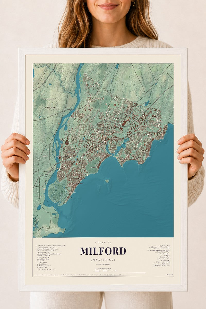 Milford, Connecticut map print, 18" x 24", W/ White Ayous Wood Frame
