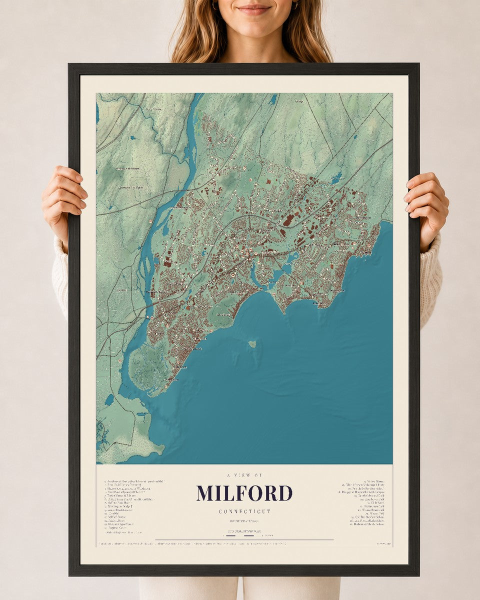Milford, Connecticut map print, 24" x 36", W/ Black Ayous Wood Frame