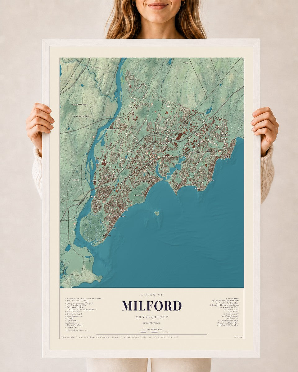 Milford, Connecticut map print, 24" x 36", W/ White Ayous Wood Frame