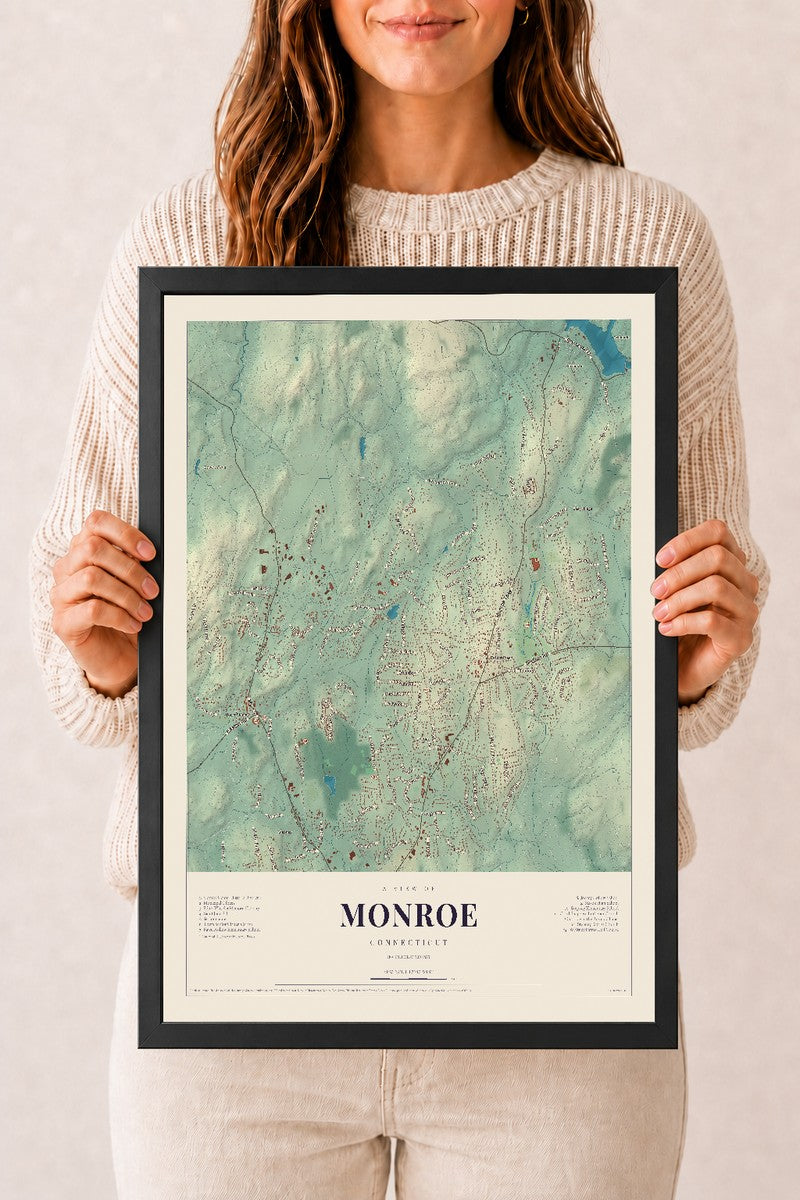 Monroe, Connecticut map print, 12" x 18", W/ Black Ayous Wood Frame