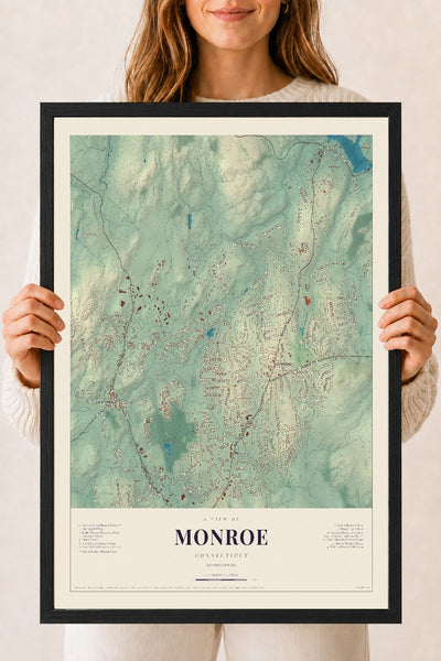 Monroe, Connecticut map print, 18" x 24", W/ Black Ayous Wood Frame
