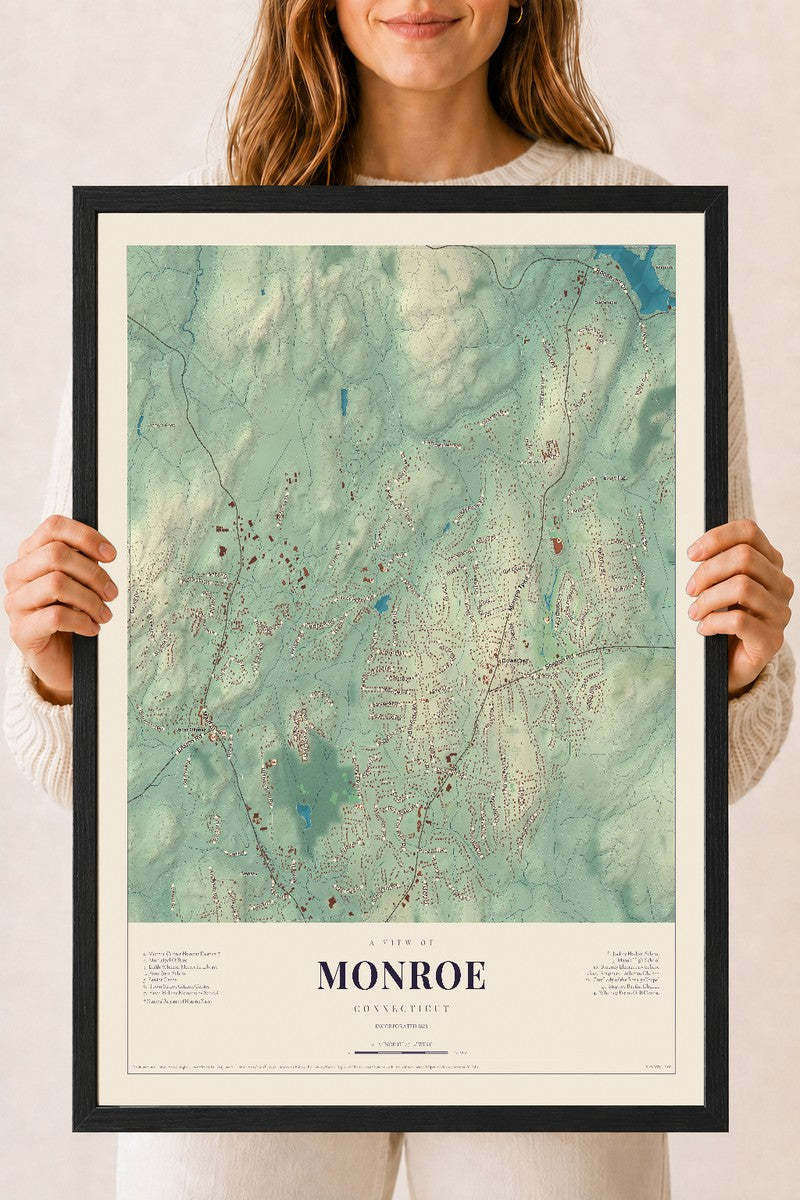 Monroe, Connecticut map print, 18" x 24", W/ Black Ayous Wood Frame