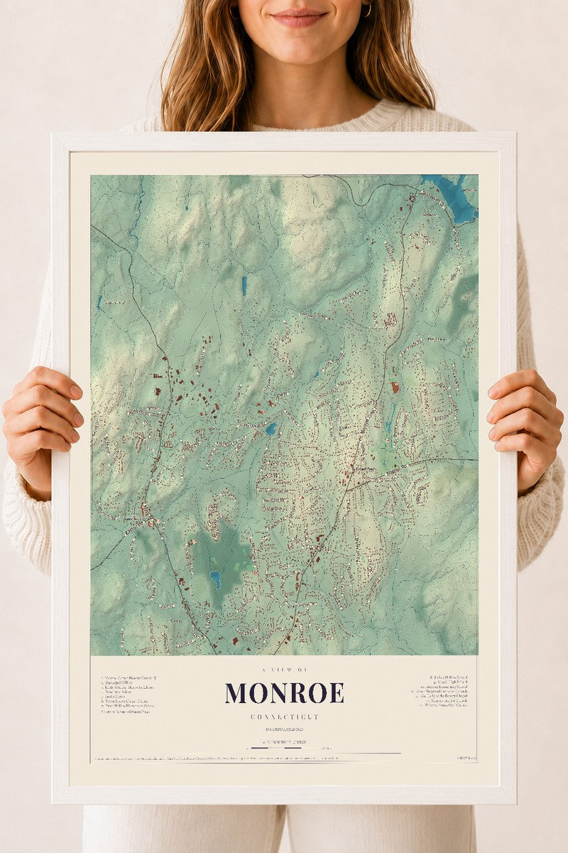 Monroe, Connecticut map print, 18" x 24", W/ White Ayous Wood Frame