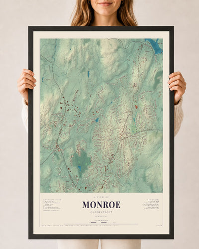 Monroe, Connecticut map print, 24" x 36", W/ Black Ayous Wood Frame
