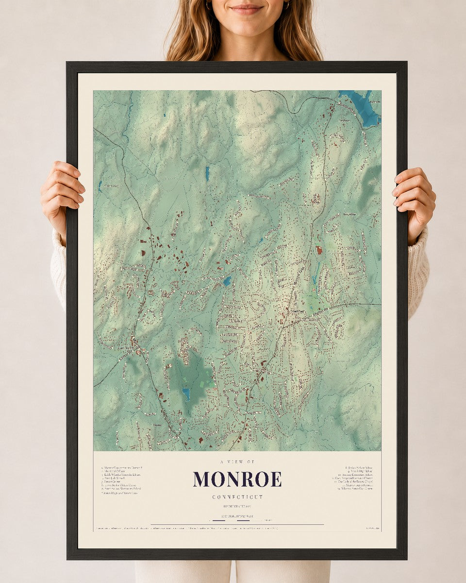 Monroe, Connecticut map print, 24" x 36", W/ Black Ayous Wood Frame