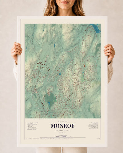 Monroe, Connecticut map print, 24" x 36", W/ White Ayous Wood Frame