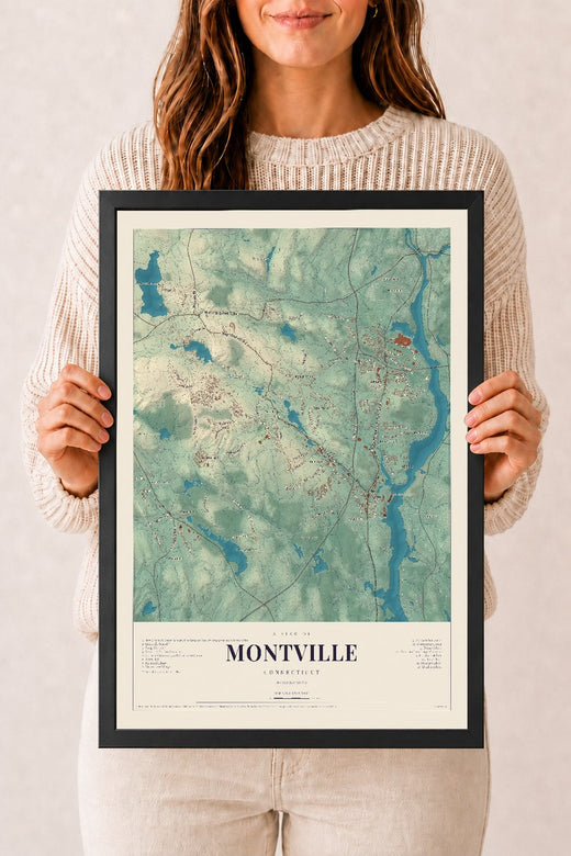 Map of Montville, Connecticut, 12 x 18 inch print in a black wood frame