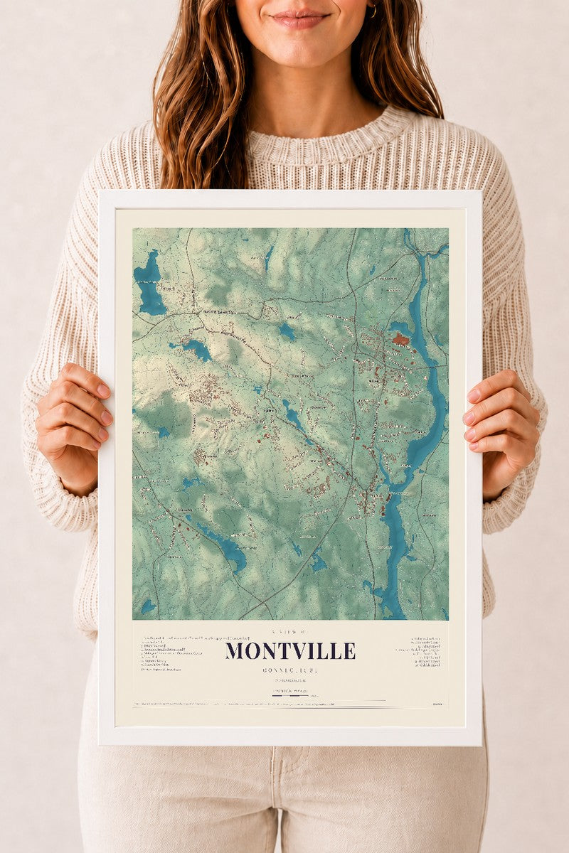 Montville, Connecticut map print, 12" x 18", W/ White Ayous Wood Frame