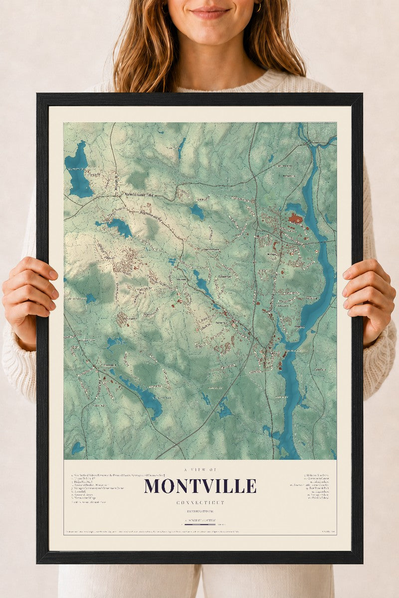 Montville, Connecticut map print, 18" x 24", W/ Black Ayous Wood Frame