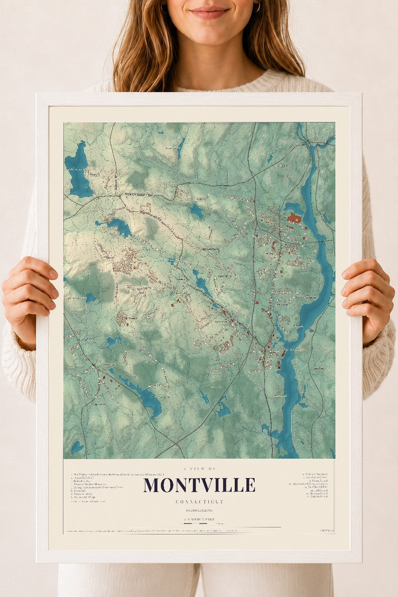 Montville, Connecticut map print, 18" x 24", W/ White Ayous Wood Frame