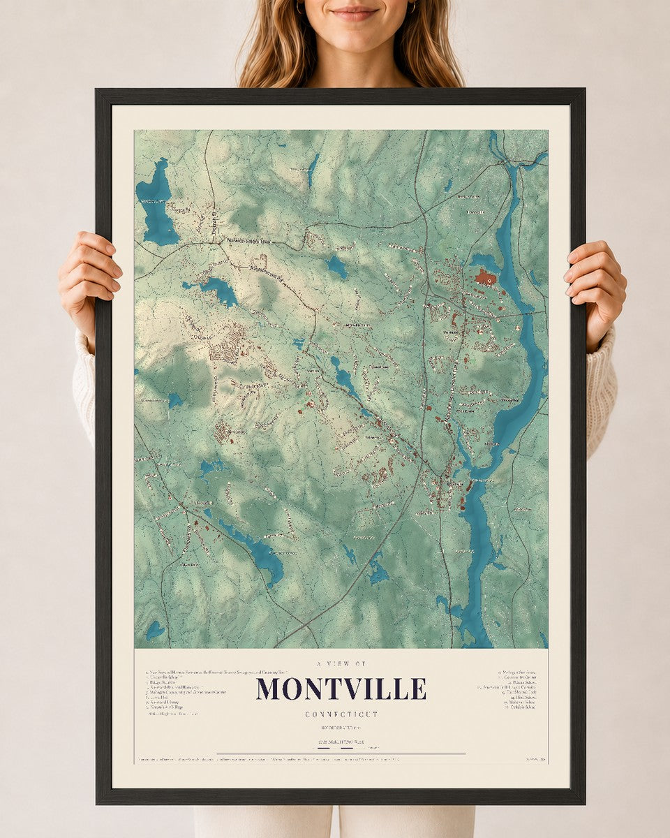 Montville, Connecticut map print, 24" x 36", W/ Black Ayous Wood Frame