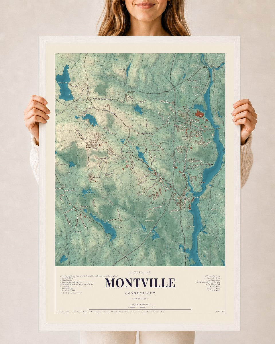 Montville, Connecticut map print, 24" x 36", W/ White Ayous Wood Frame