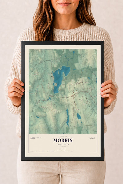 Morris, Connecticut map print, 12" x 18", W/ Black Ayous Wood Frame