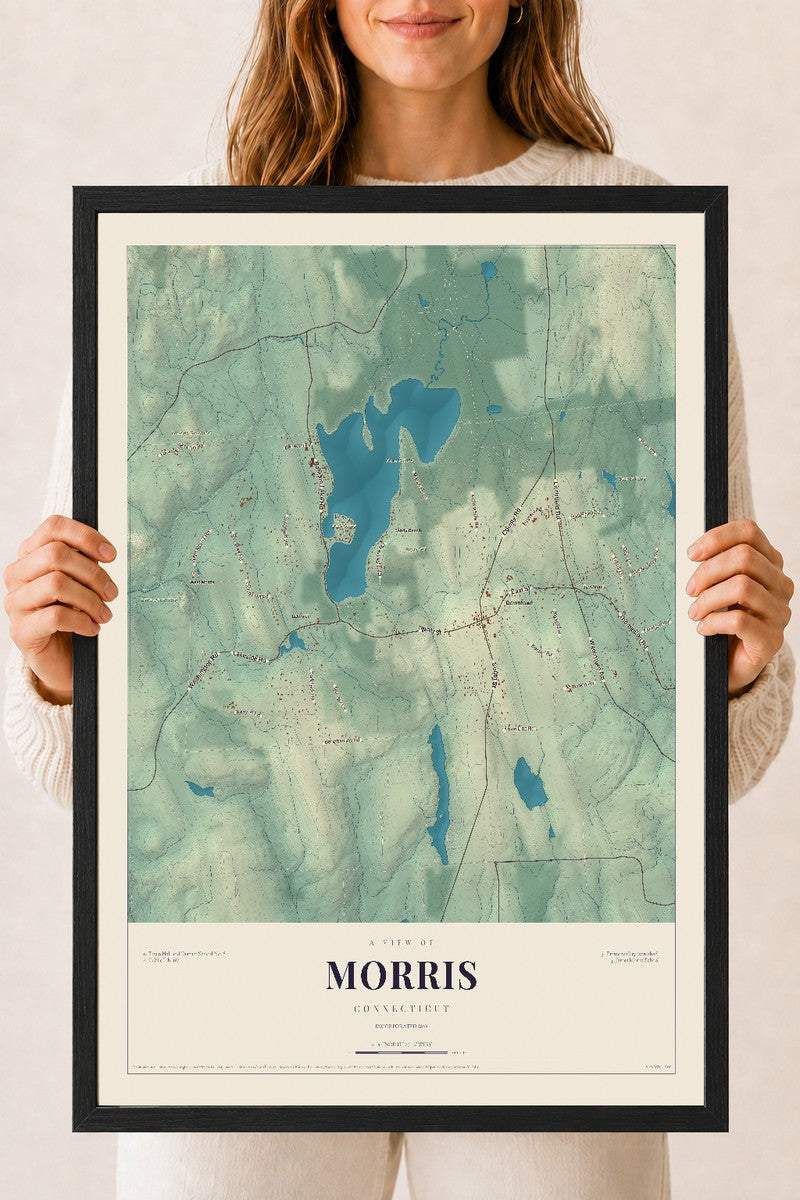 Morris, Connecticut map print, 18" x 24", W/ Black Ayous Wood Frame