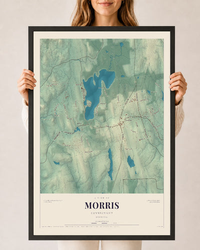 Morris, Connecticut map print, 24" x 36", W/ Black Ayous Wood Frame