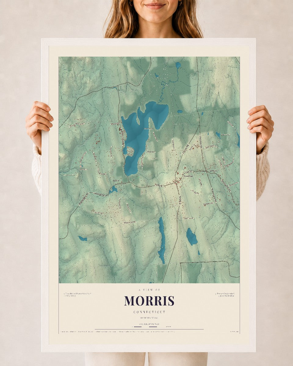Morris, Connecticut map print, 24" x 36", W/ White Ayous Wood Frame