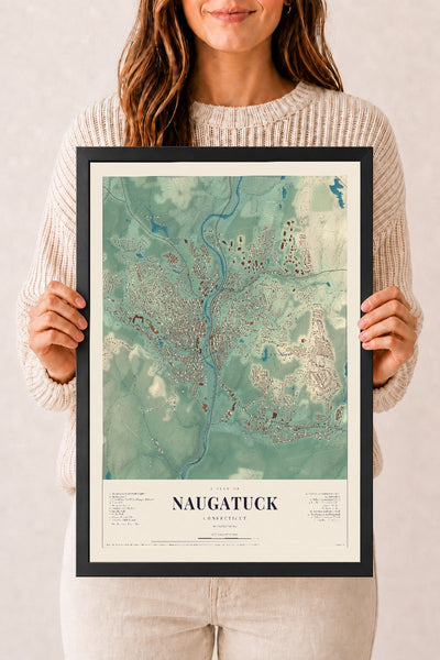 Naugatuck, Connecticut map print, 12" x 18", W/ Black Ayous Wood Frame