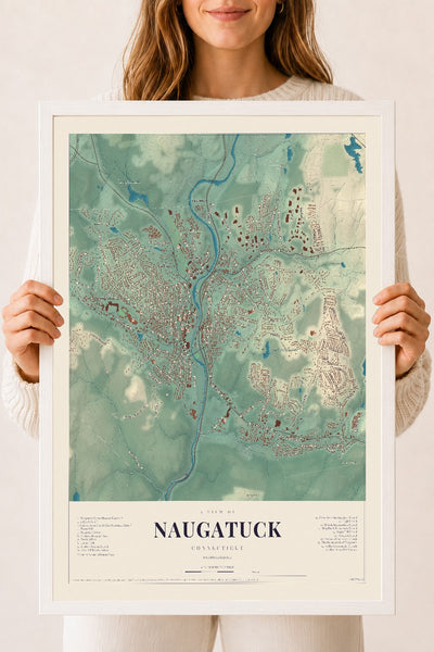 Naugatuck, Connecticut map print, 18" x 24", W/ White Ayous Wood Frame