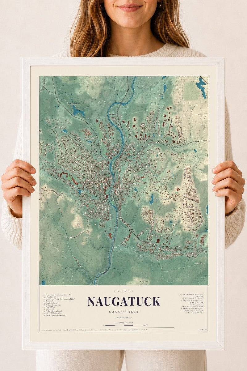 Naugatuck, Connecticut map print, 18" x 24", W/ White Ayous Wood Frame