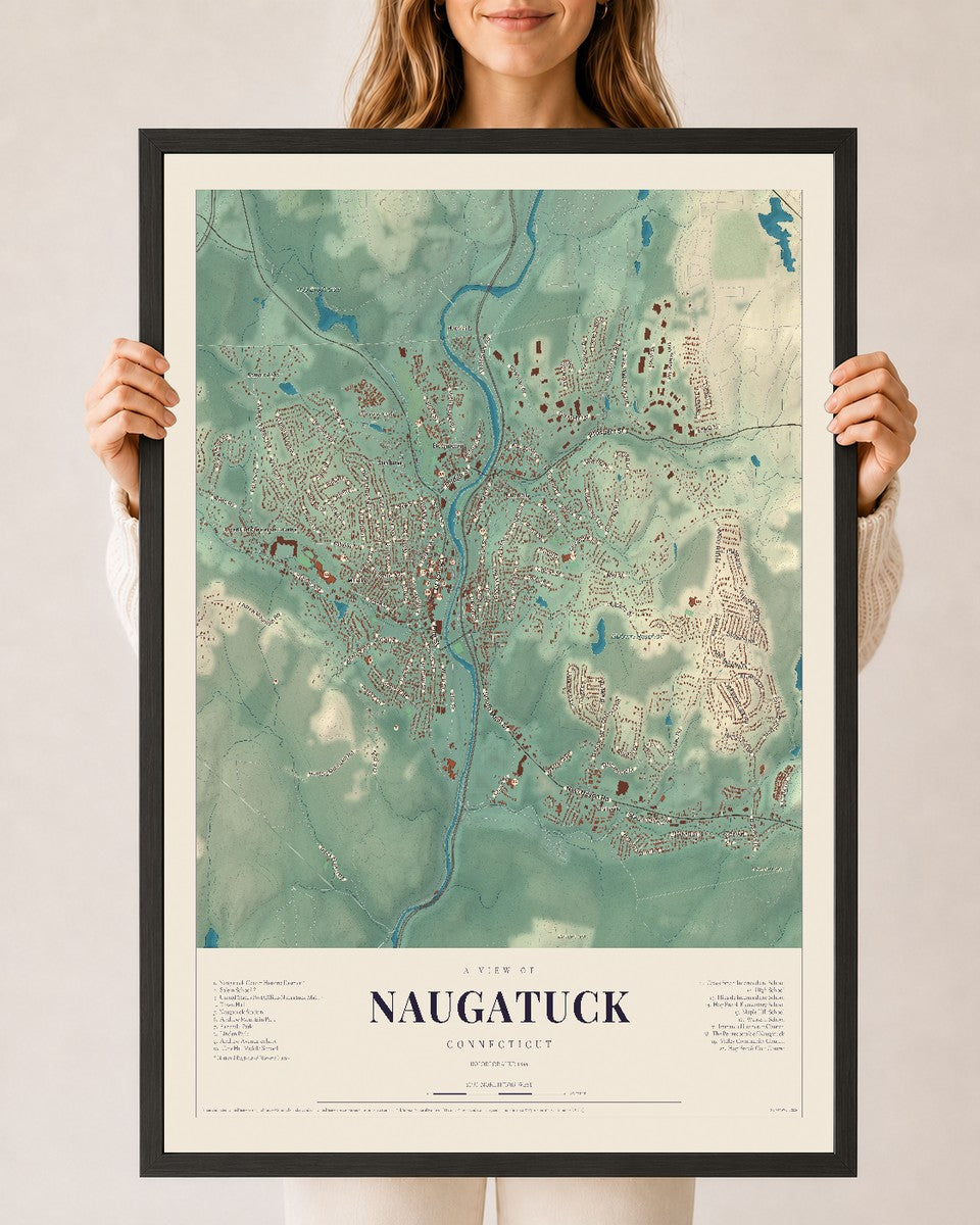 Naugatuck, Connecticut map print, 24" x 36", W/ Black Ayous Wood Frame