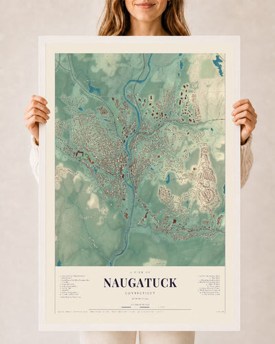 Naugatuck, Connecticut map print, 24" x 36", W/ White Ayous Wood Frame
