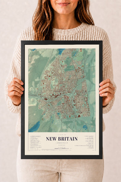 New Britain, Connecticut map print, 12" x 18", W/ Black Ayous Wood Frame
