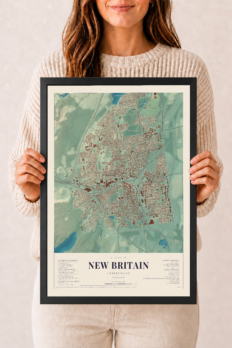 New Britain, Connecticut map print, 12" x 18", W/ Black Ayous Wood Frame