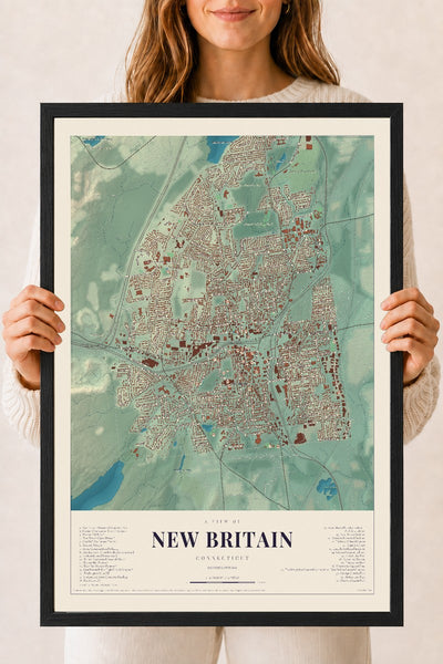 New Britain, Connecticut map print, 18" x 24", W/ Black Ayous Wood Frame