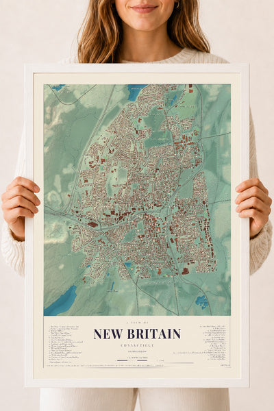 New Britain, Connecticut map print, 18" x 24", W/ White Ayous Wood Frame