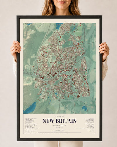 New Britain, Connecticut map print, 24" x 36", W/ Black Ayous Wood Frame