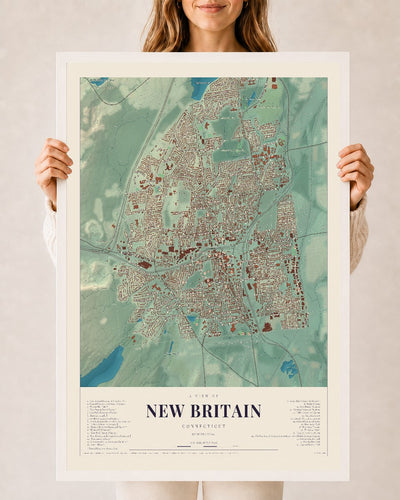 New Britain, Connecticut map print, 24" x 36", W/ White Ayous Wood Frame