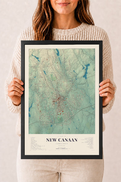 New Canaan, Connecticut map print, 12" x 18", W/ Black Ayous Wood Frame