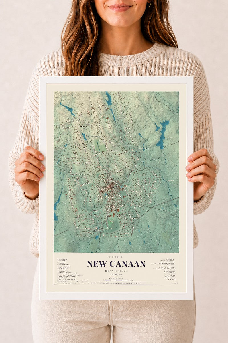 New Canaan, Connecticut map print, 12" x 18", W/ White Ayous Wood Frame
