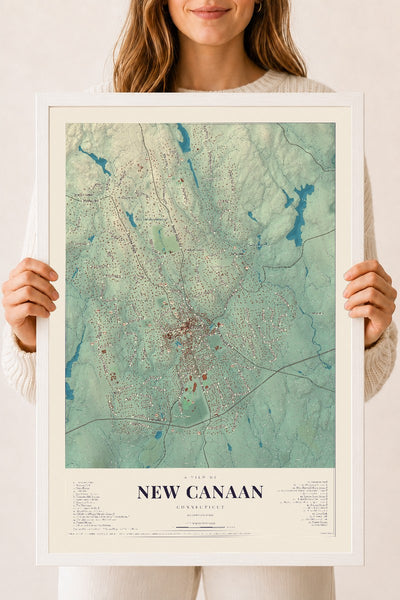 New Canaan, Connecticut map print, 18" x 24", W/ White Ayous Wood Frame