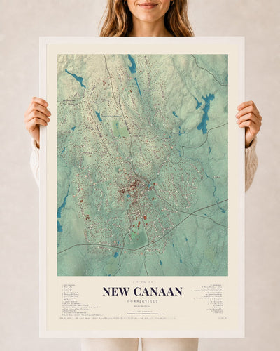 New Canaan, Connecticut map print, 24" x 36", W/ White Ayous Wood Frame