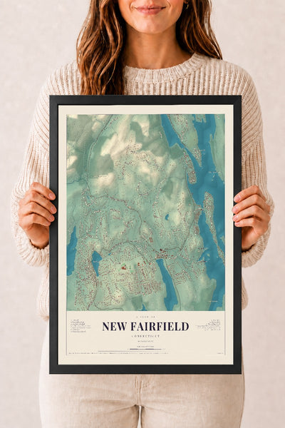 New Fairfield, Connecticut map print, 12" x 18", W/ Black Ayous Wood Frame