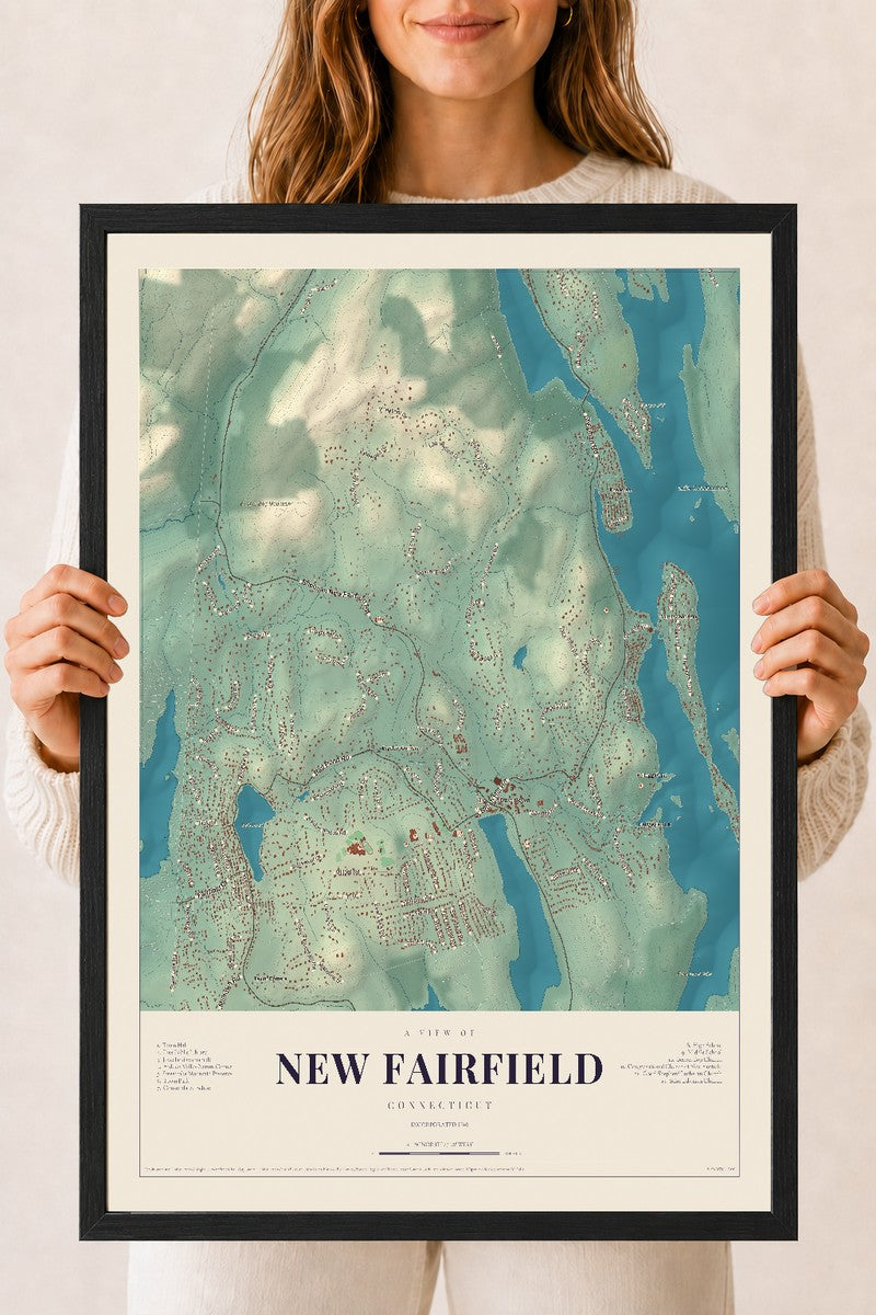 New Fairfield, Connecticut map print, 18" x 24", W/ Black Ayous Wood Frame
