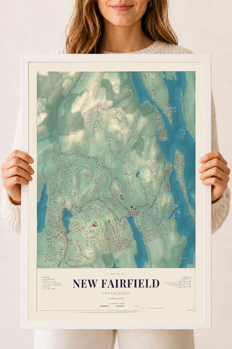 New Fairfield, Connecticut map print, 18" x 24", W/ White Ayous Wood Frame