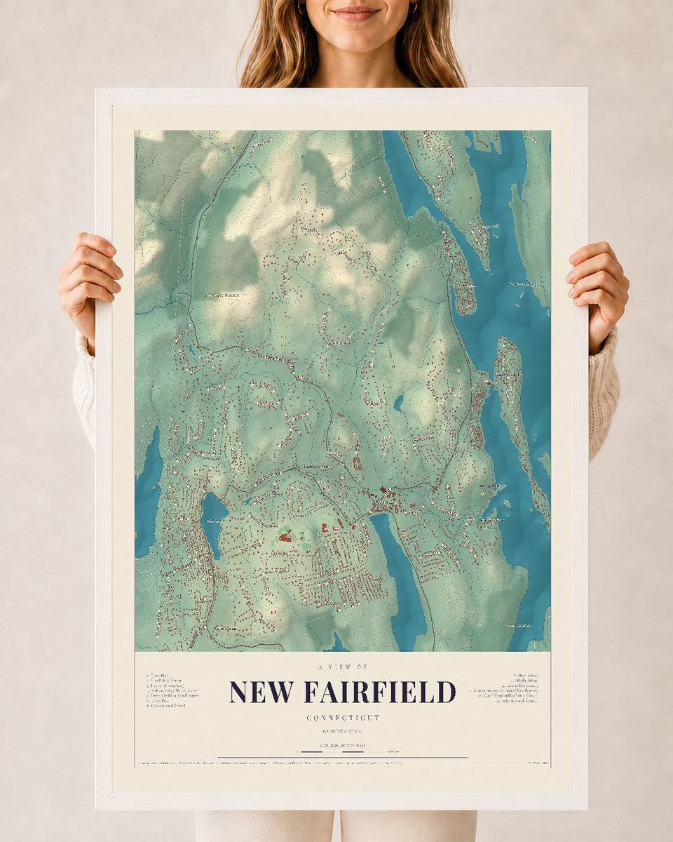 New Fairfield, Connecticut map print, 24" x 36", W/ White Ayous Wood Frame