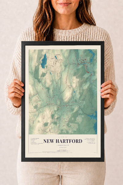 New Hartford, Connecticut map print, 12" x 18", W/ Black Ayous Wood Frame