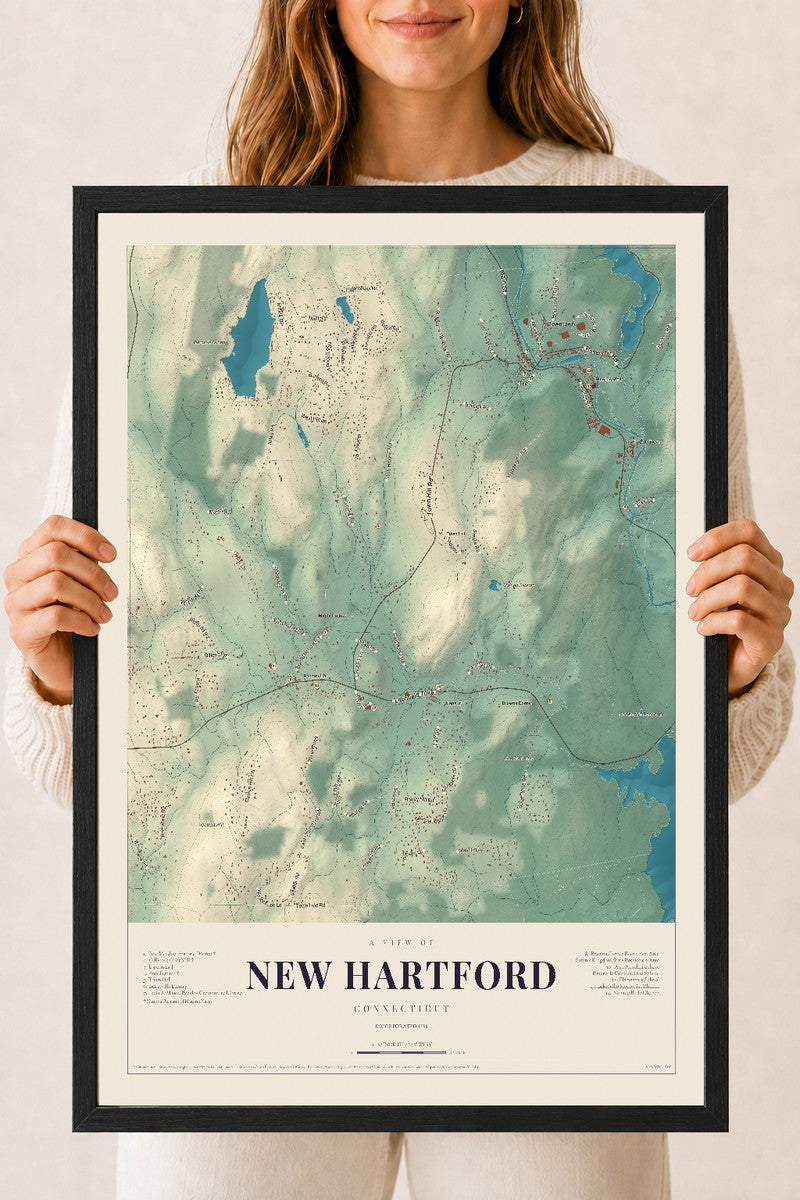 New Hartford, Connecticut map print, 18" x 24", W/ Black Ayous Wood Frame