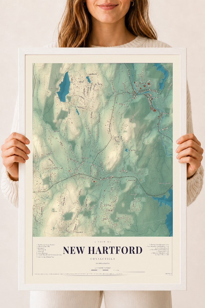 New Hartford, Connecticut map print, 18" x 24", W/ White Ayous Wood Frame