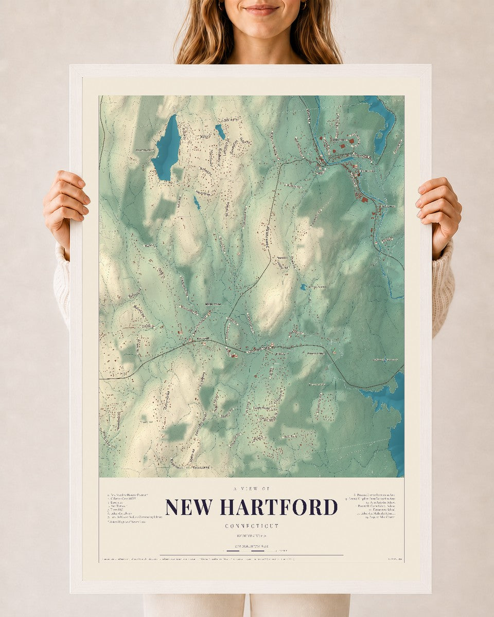 New Hartford, Connecticut map print, 24" x 36", W/ White Ayous Wood Frame