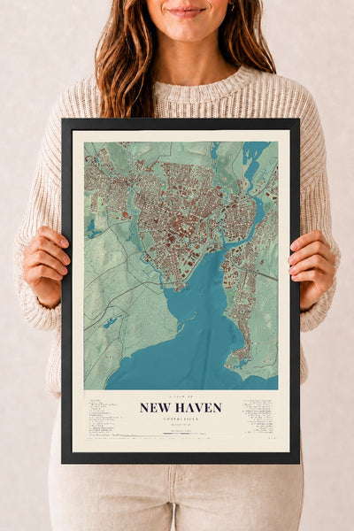 New Haven, Connecticut map print, 12" x 18", W/ Black Ayous Wood Frame