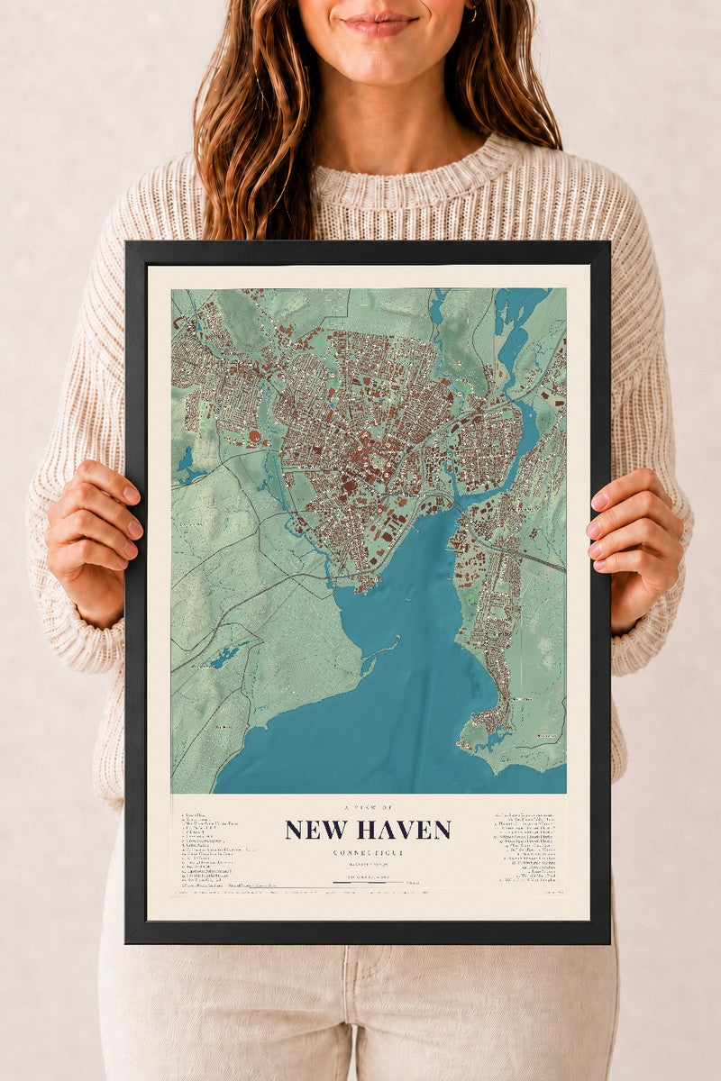 New Haven, Connecticut map print, 12" x 18", W/ Black Ayous Wood Frame